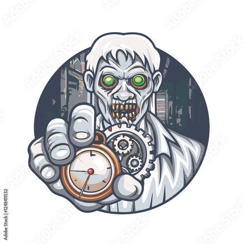 A decaying steampunk zombie, intricately detailed with exposed mechanical gears and cogs embedded in its flesh, decaying clothing,  Victorian-era aesthetic.