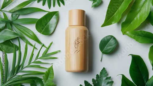 A bamboo container surrounded by various green leaves on a white background