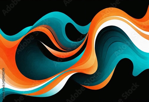 A vibrant, psychedelic design for a music cover or dance party poster, an orange, teal, and white grainy gradient color flow wave on a black background