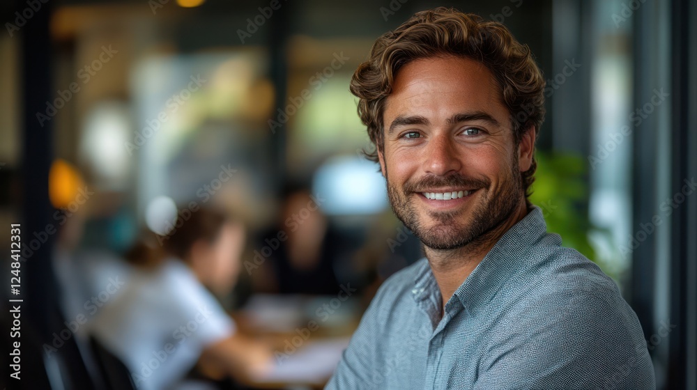 Fototapeta premium Smiling man office portrait, team blurred background