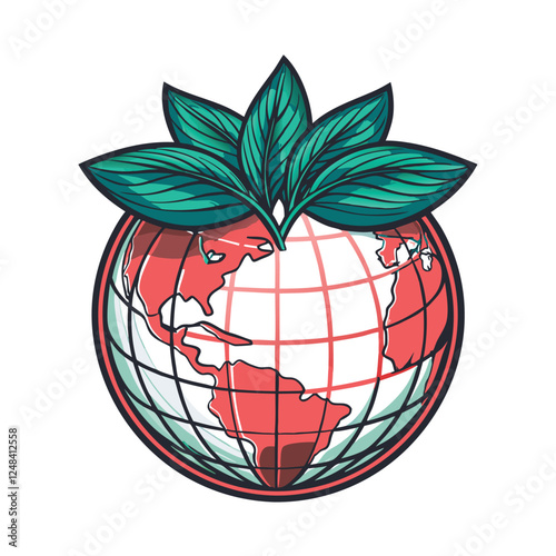 A stylized, vibrant globe with lush green leaves sprouting from a single point, illustrating environmental regeneration.