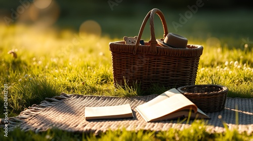 Basket of books and a hat is on a blanket in a grassy field. The basket is filled with books and a hat, and the scene is peaceful and relaxing
