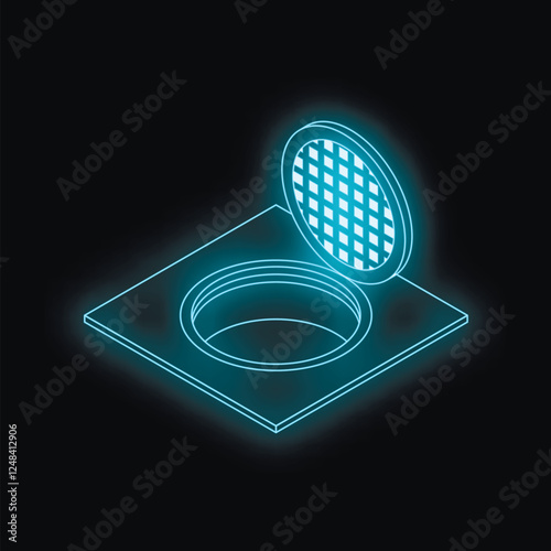 Glowing isometric open manhole cover revealing dark depths, creating a mysterious and intriguing atmosphere