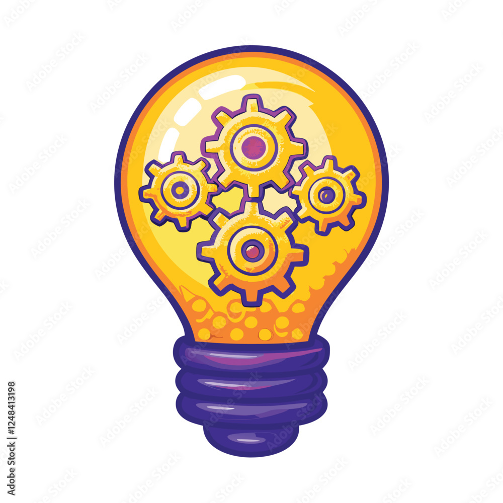 Create a stylized vector illustration of a light bulb containing intricate gears, emphasizing innovation and ingenuity. The style should be clean and modern. Create a stylized vector illustration of a light bulb containing intricate gears, emphasizing innovation and ingenuity. The style should be clean and modern.
