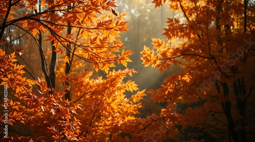 Tree with bright orange and yellow leaves, which are scattered throughout the branches. The tree is located in a wooded area, surrounded by other trees and foliage