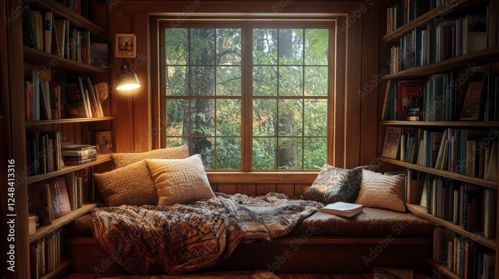 Cozy Reading Nook with Warm Blanket and Bookshelves Surrounded by Nature - Perfect for Book Lovers' Retreat Cozy Reading Nook with Warm Blanket and Bookshelves Surrounded by Nature - Perfect for Book Lovers' Retreat