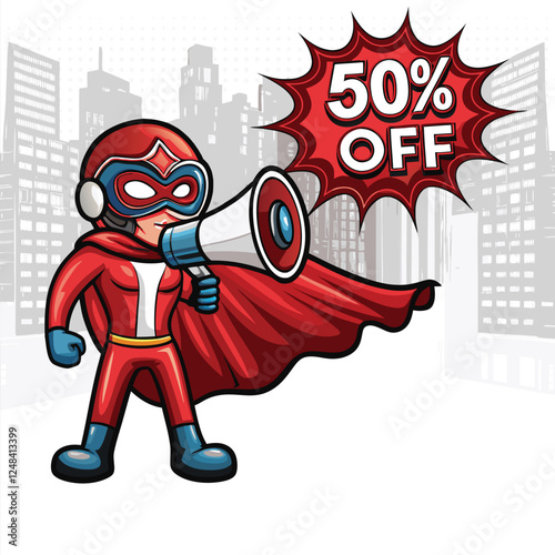A dynamic superhero marketer, confidently wielding a megaphone, announces a powerful brand message.  Superhero, megaphone, marketing, advertising, powerful message, brand, announcement.