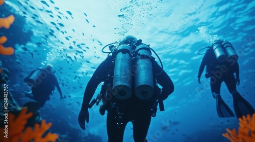 Wallpaper Mural Divers Exploring Vibrant Coral Reef Underwater in Crystal Clear Sea Torontodigital.ca