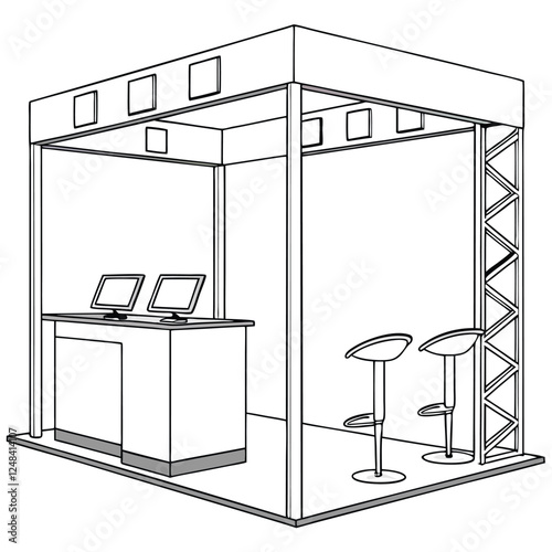 Spacious White Exhibition Stand with Standing Desks and Adjustable Stools for Modern Corporate Appeal
