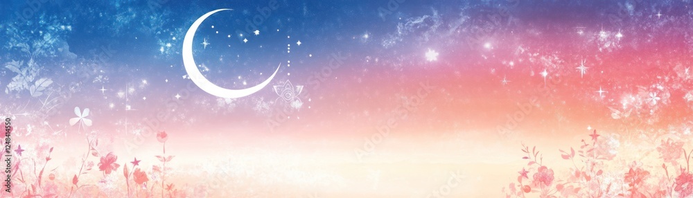 Serene Crescent Moon Night Sky Above Floral Field Serene Crescent Moon Night Sky Above Floral Field