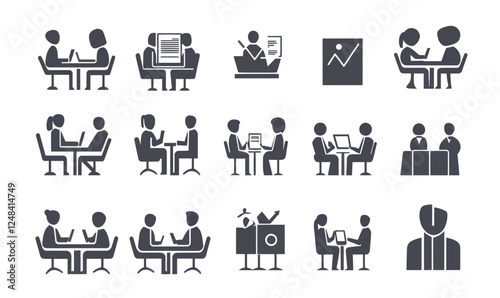 Business Meeting Icons Set: Team Conference, Presentation, Interview Silhouettes