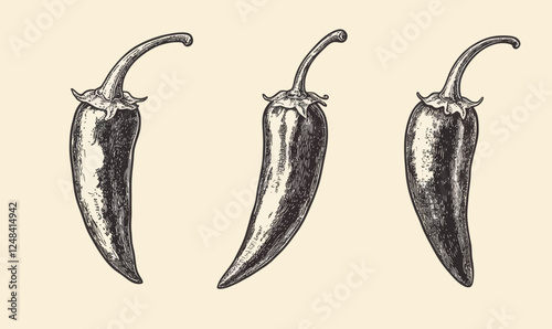 Vintage Engraved Chili Pepper Illustration Set in Hand Drawn Style for Culinary Art Designs