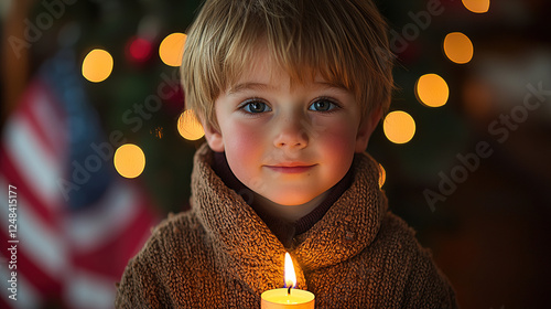 Young boy holding candle near a decorated tree with soft lights and flags during a cozy holiday celebration. Generative AI