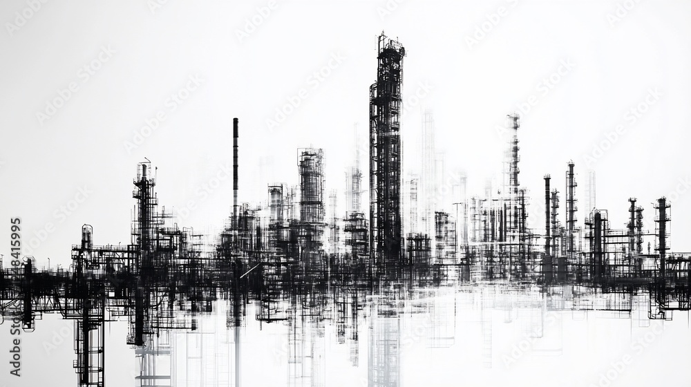 Obraz premium Black and white architectural illustration of an industrial complex on white background