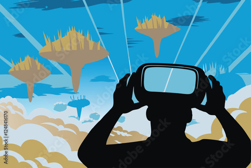 Immersive VR headset user engrossed in a vibrant, futuristic digital landscape, experiencing interactive exploration.