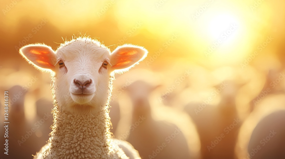 Fototapeta premium Young Lamb in Golden Sunset Meadow