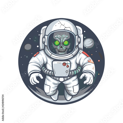 A decaying zombie astronaut, helmet askew, floats silently in the inky blackness of space; stars twinkle in the background.