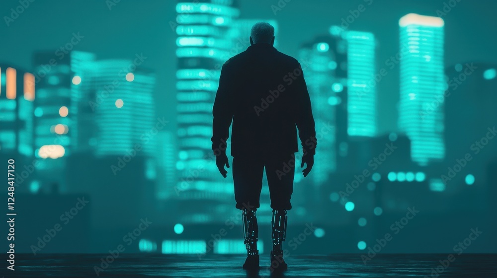Futuristic Silhouette of a Person Overlooking a Neon Cityscape