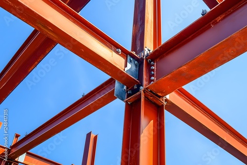 Steel structure construction, outdoor, blue sky, beams, joint