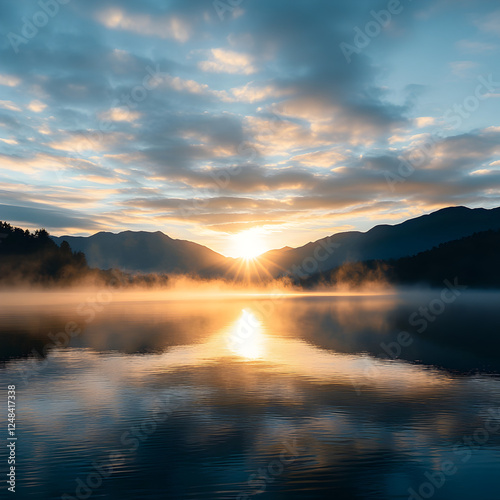 Golden Hour Reflection: A serene sunrise paints the sky in vibrant hues of orange and gold as a peaceful lake reflects the breathtaking spectacle.