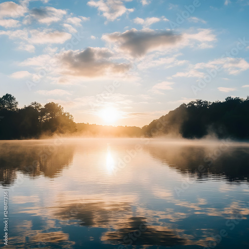 Serene Sunrise over Mist-Shrouded Lake: A captivating image of a sun rising over a tranquil lake, its golden rays piercing through a blanket of morning mist.