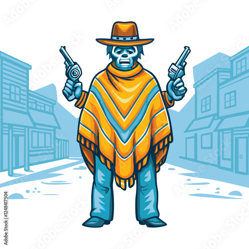 A decaying zombie cowboy, clad in a tattered poncho, menacingly holds two rusty pistols.  Gritty, detailed, cinematic lighting.