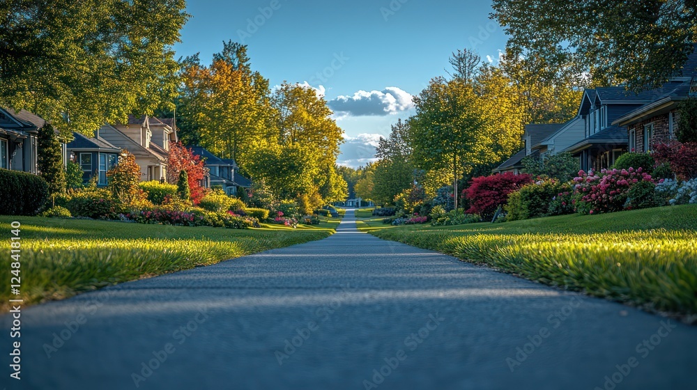 Fototapeta premium Serene Suburban Street, Idyllic Neighborhood Landscape