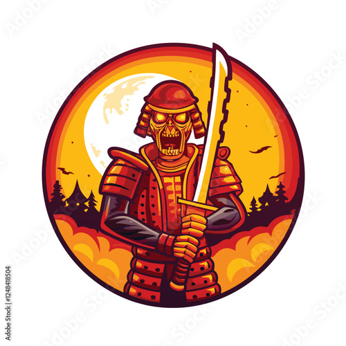 A terrifying zombie samurai, his tattered armor hanging loosely, wields a glowing katana, blood staining his decaying face.  The scene is dark and ominous.