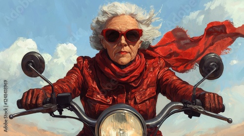Confident Senior Woman Riding Motorcycle in Red Outfit and Sunglasses