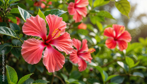 Wallpaper Mural Hibiscus flowers blooming in tropical garden, vibrant freshness Torontodigital.ca