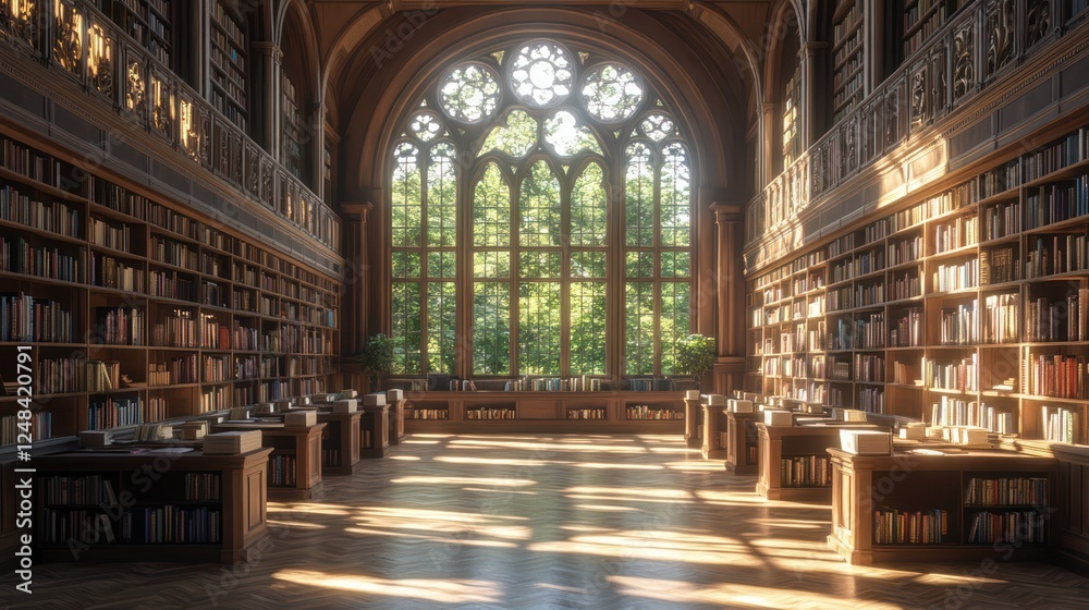 Serene Library with Sunlight Streaming Through Gothic Window Serene Library with Sunlight Streaming Through Gothic Window