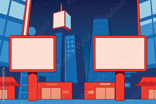Render a futuristic city skyline at night, featuring towering skyscrapers with large, empty, digital billboards.  Show a desolate, almost abandoned feel.