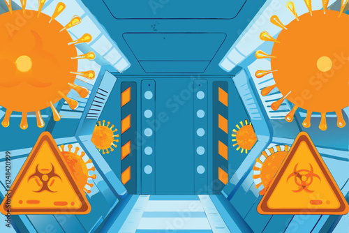 Design a futuristic biohazard zone warning sign, incorporating glowing neon elements and geometric shapes, depicting a contained, hazardous area.