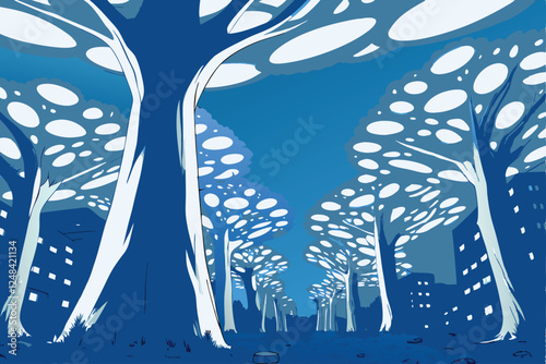 Design a futuristic dystopian city vector illustration featuring a lone, advanced robot amidst decaying skyscrapers and polluted skies.