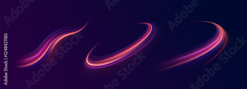Creative vector illustration of flying cosmic meteor, planetoid, comet, fireball isolated on transparent background. Effect, png, wave,neon,line. Light arc in neon colors, in the form of a turn. 