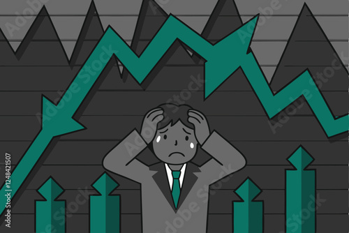A stressed businessman, overwhelmed by work, depicted in a detailed illustration; showcasing anxiety and pressure related to failing a project.