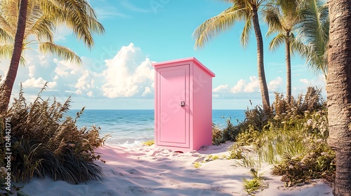 Fototapeta Naklejka Na Ścianę i Meble -  Pink architectural toilet within an idyllic beach environment