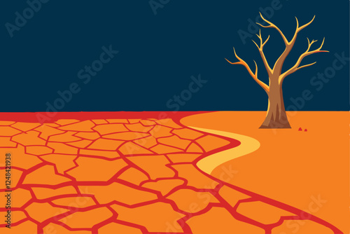 Create a detailed illustration of a dried-up riverbed showcasing severely cracked soil under a harsh, sun-baked sky.  Illustrate the texture of the parched earth.