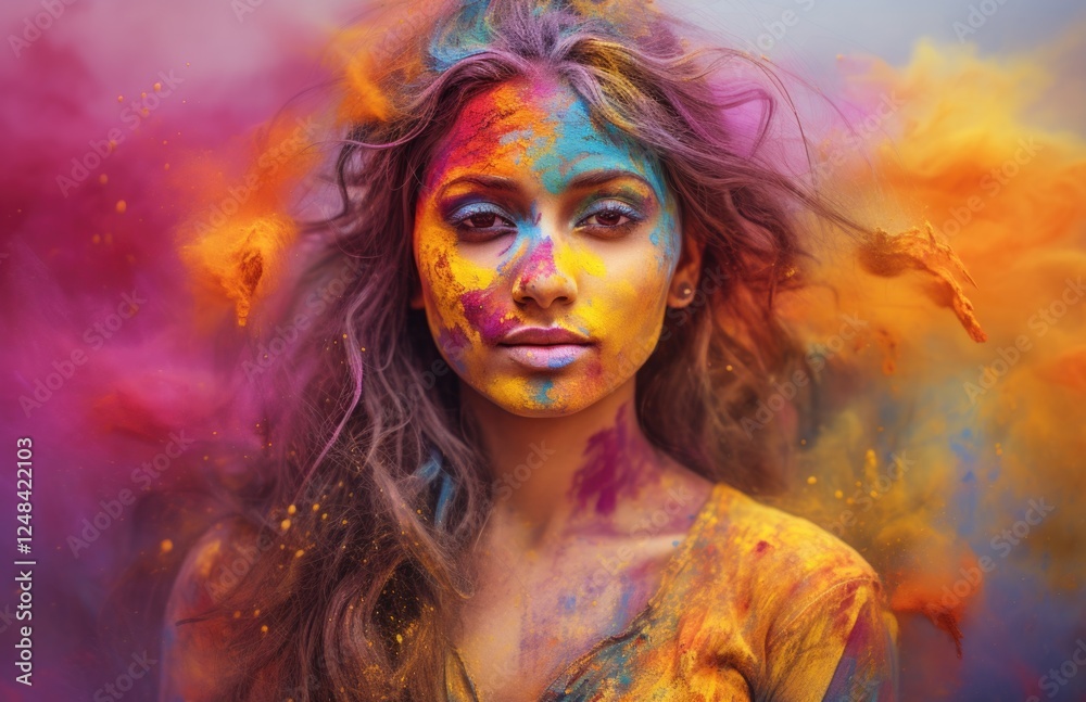Obraz premium Portrait of beautiful girl face covered in colorful powder