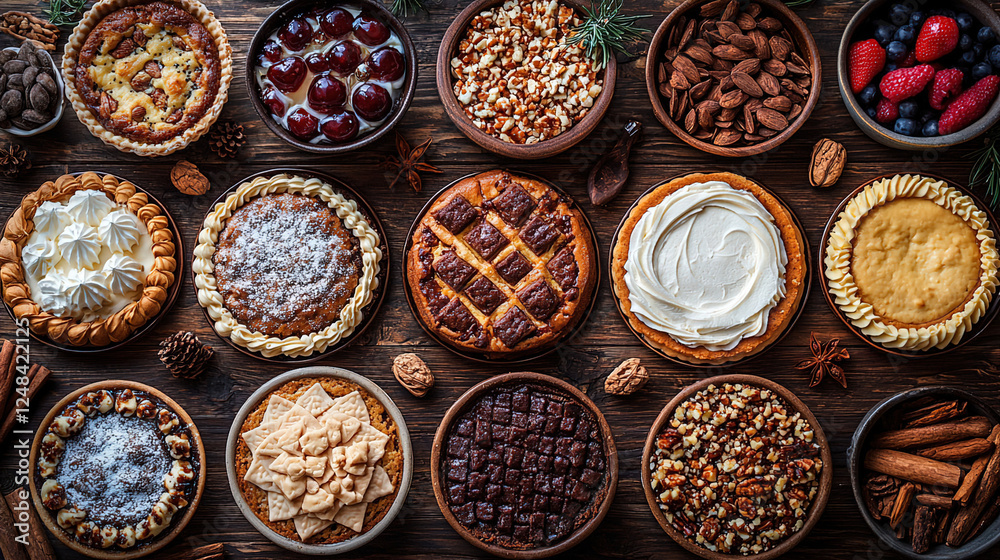Fototapeta premium Assorted homemade desserts displayed on a wooden table for a festive gathering during autumn season. Generative AI