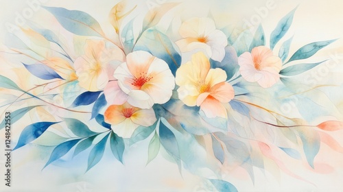 Delicate Watercolor Painting of Peach and White Blossoms