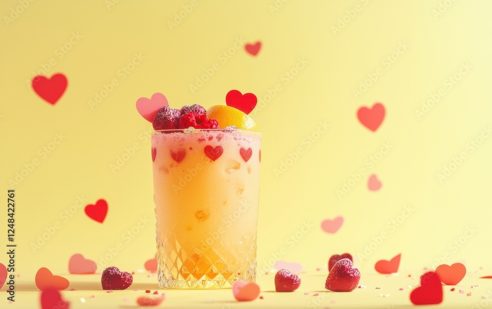 Fruit smoothie in a glass for Saint Valentines Day and 8 March International Womens Day on a pastel yellow background Fruit smoothie in a glass for Saint Valentines Day and 8 March International Womens Day on a pastel yellow background