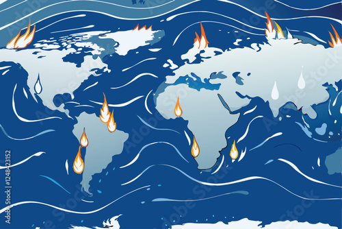 Illustrate a detailed world map engulfed in wildfire flames, showing the global impact of climate change.