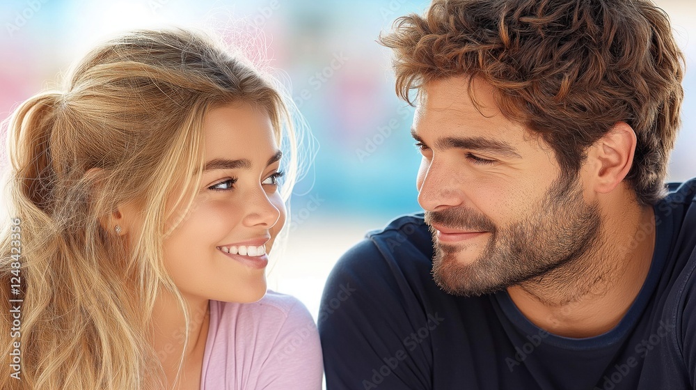 Two individuals share a joyful connection at the beach during sunset. Their smiles reveal affection and happiness, capturing a cherished moment of togetherness in a serene setting Two individuals share a joyful connection at the beach during sunset. Their smiles reveal affection and happiness, capturing a cherished moment of togetherness in a serene setting