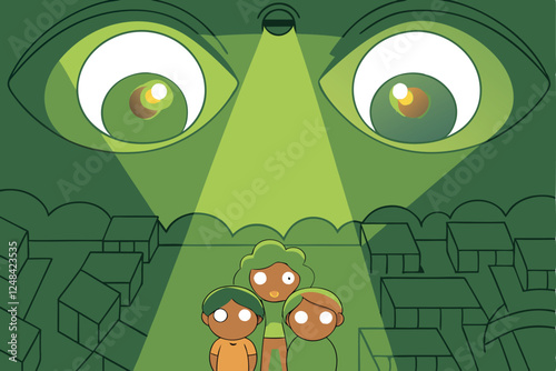 Create a chilling illustration depicting numerous digital eyes, glowing menacingly, watching from screens and devices, symbolizing pervasive digital surveillance.
