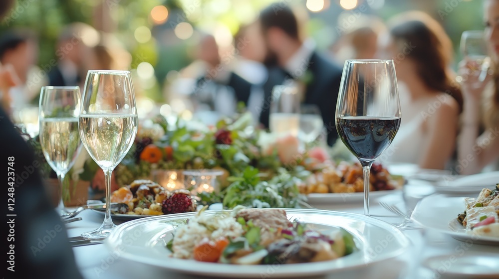 Elegant outdoor dining with gourmet cuisine and wine at evening event Elegant outdoor dining with gourmet cuisine and wine at evening event