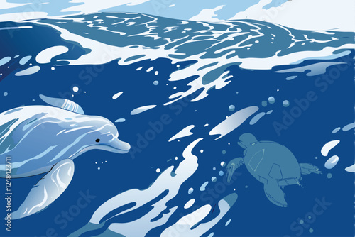 Create a detailed illustration depicting a catastrophic oil spill polluting a vast ocean, showing slicks, affected wildlife, and environmental damage.