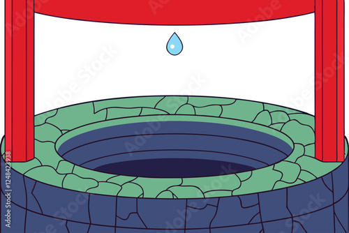 Minimalist line art depicting a parched well with a single remaining water droplet.  Emphasize stark contrast and emptiness.