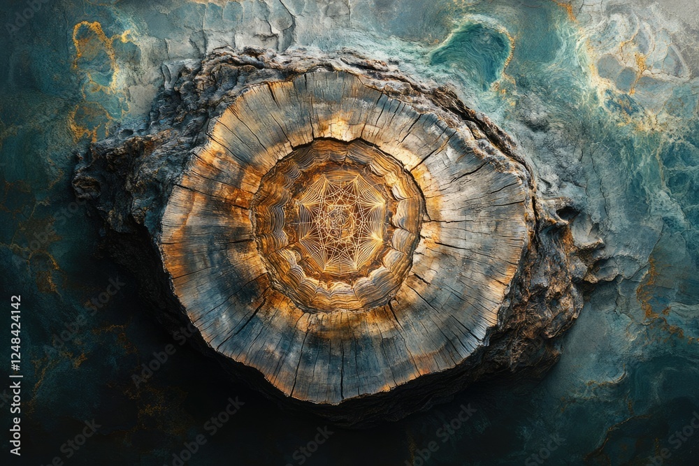 A mesmerizing cross-section of a tree trunk reveals intricate growth rings and a geometric pattern at its core, set against a dark, textured background. A mesmerizing cross-section of a tree trunk reveals intricate growth rings and a geometric pattern at its core, set against a dark, textured background.