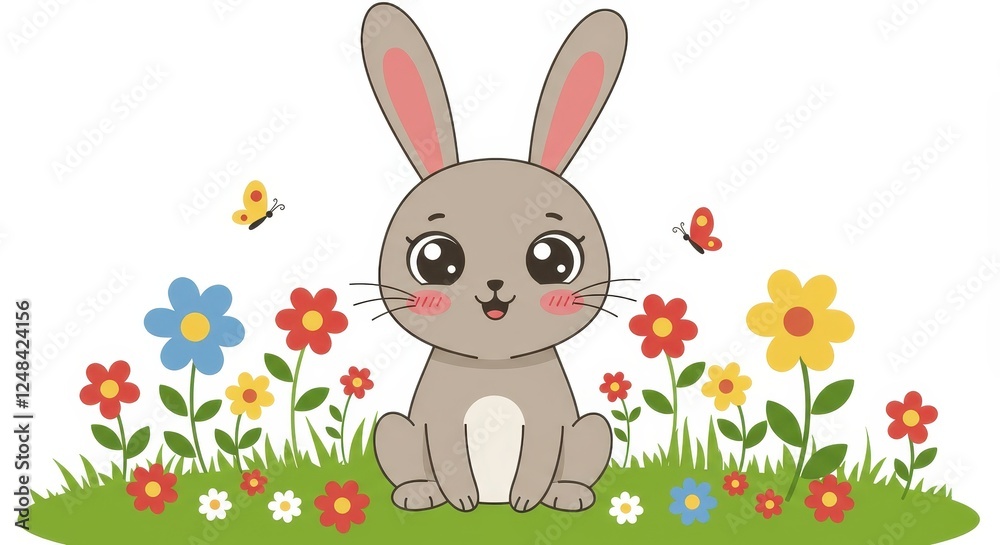Fototapeta premium Cute Cartoon Bunny Illustration with Colorful Flowers and Butterflies in a Spring Garden Setting